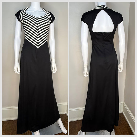 1970s Black and White Stripe Maxi Dress, Patricia Fair Size XS, Cut Out Open Back