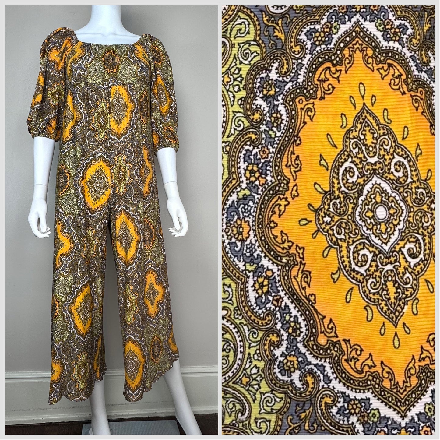 1970s Orange Paisley Print Jumpsuit, Size XS, Wide Leg, Empire Waist, Elastic Neck