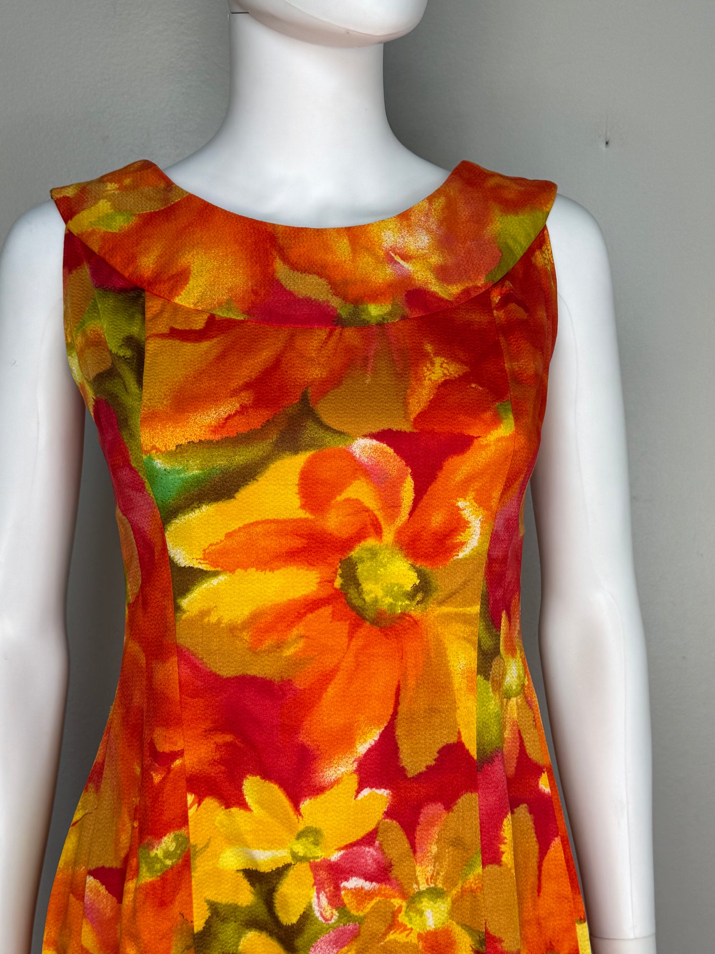 1960s Orange Hawaiian Floral Sleeveless Maxi Dress, Karen Ann Hawaii Size XS/Small, Cotton