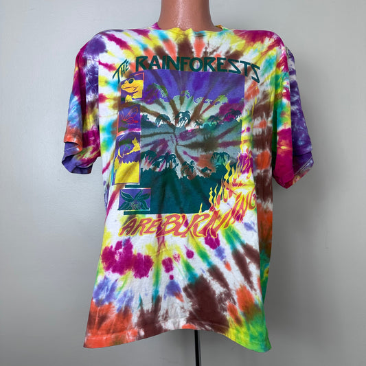 1990s The Rainforests are Burning Tie Dye T-Shirt, Lee Size XL