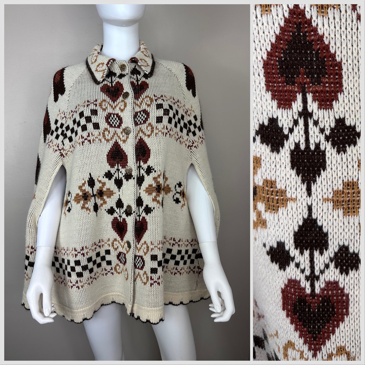 1970s Folk Art Intarsia Knitted Cape, Sturbridge