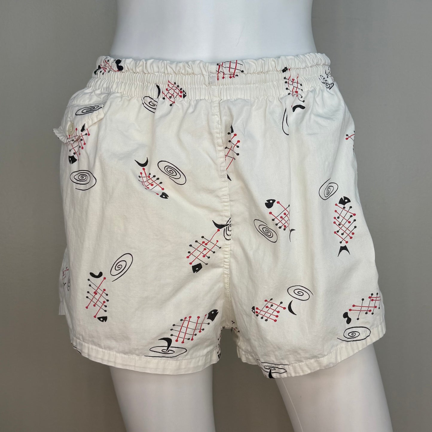 1950s Men’s Swim Trunks, Fish Bones Novelty Print, Cotton Swimsuit Shorts, Size Small