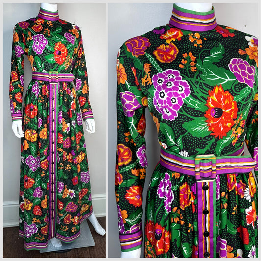 1970s Floral Long Sleeve Maxi Dress with Striped Trim, Oscar de la Renta Boutique Size Small, Gus Mayer