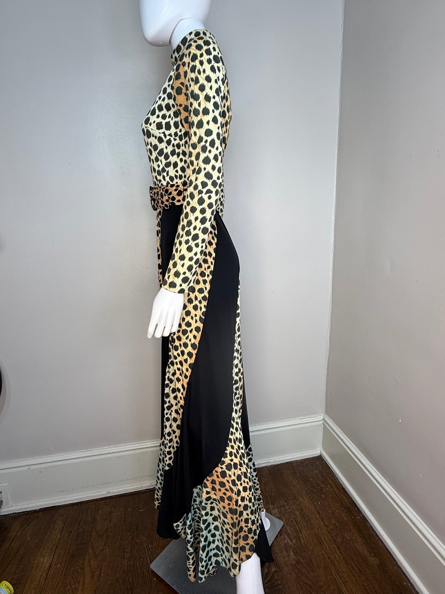1970s Leopard Print Maxi Dress, Long Sleeve Turtleneck, Size Small, Curved Panel Skirt with Full Sweep