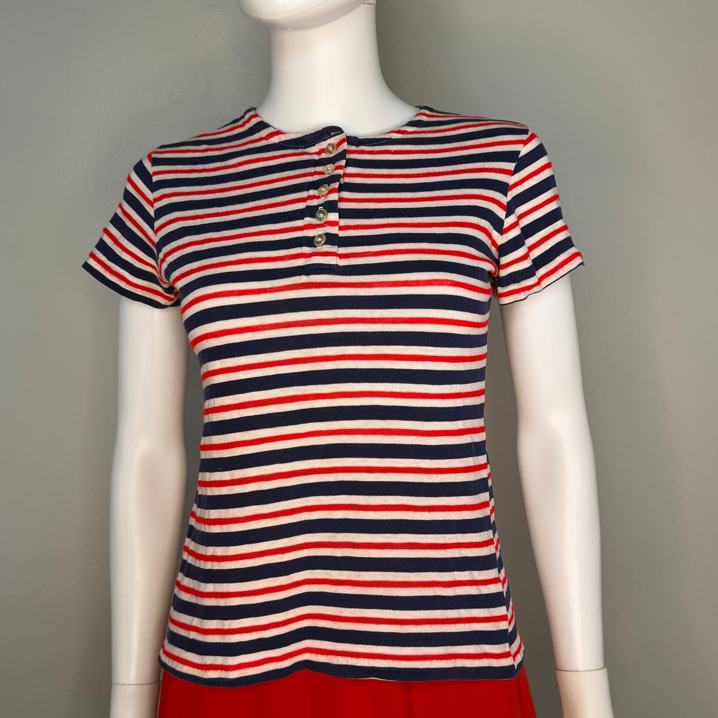 1960s/70s Red White and Blue Stripe Henley T-Shirt, Size Small