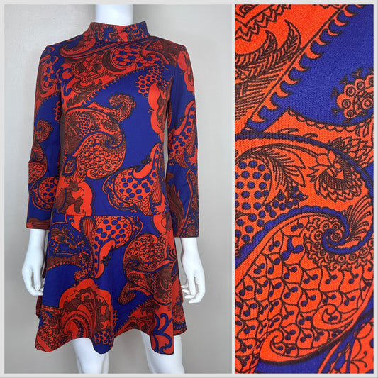 1960s Psychedelic Paisley Print Mod Mini Dress, Drop Waist, Parfait Originals Size Small