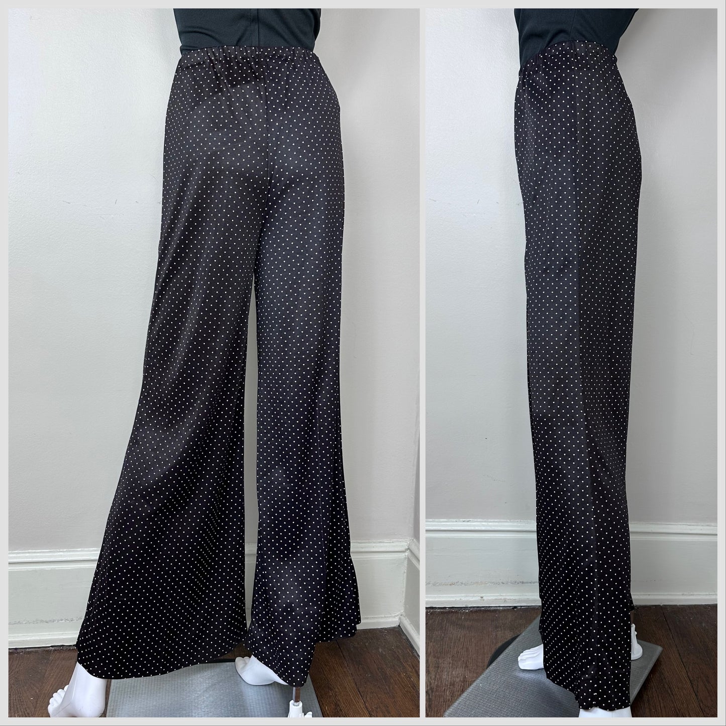 1970s Black with White Polka Dots Flare Leg Pants, Sears Fashions Size XS-Small