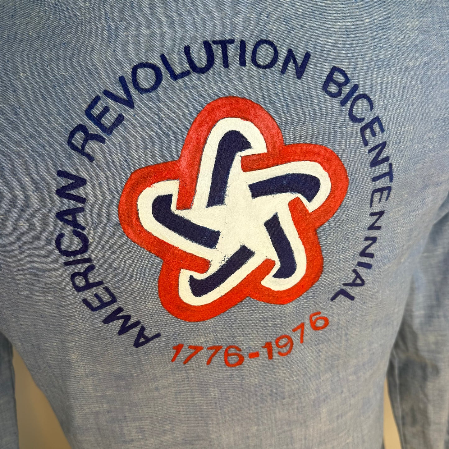 1970s Chambray Shirt, Hand Painted, 1976 USA Bicentennial Celebration, Jeans Joint Sears The Men’s Store Size Small