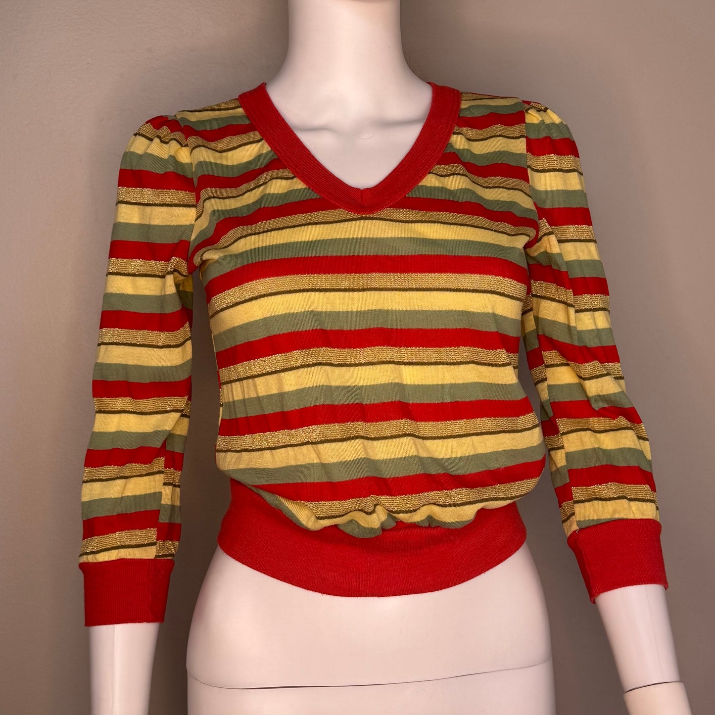 1980s Striped V Neck Knit Top, Back Button, Smart Alec California Size XS-Small