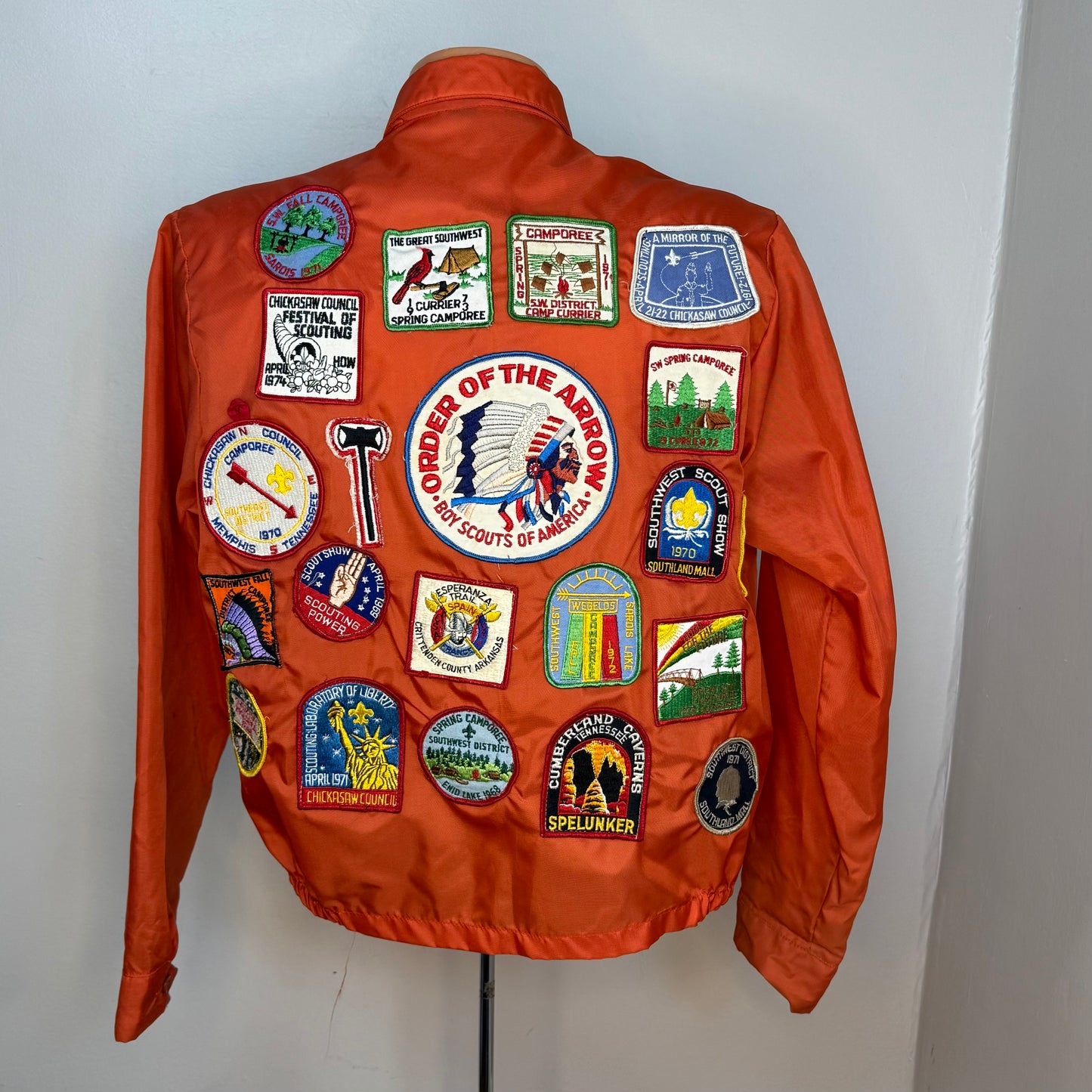 1960s Orange Nylon Jacket with 60s/70s Boy Scouts Camp Patches, Size Medium, Order of the Arrow, BSA