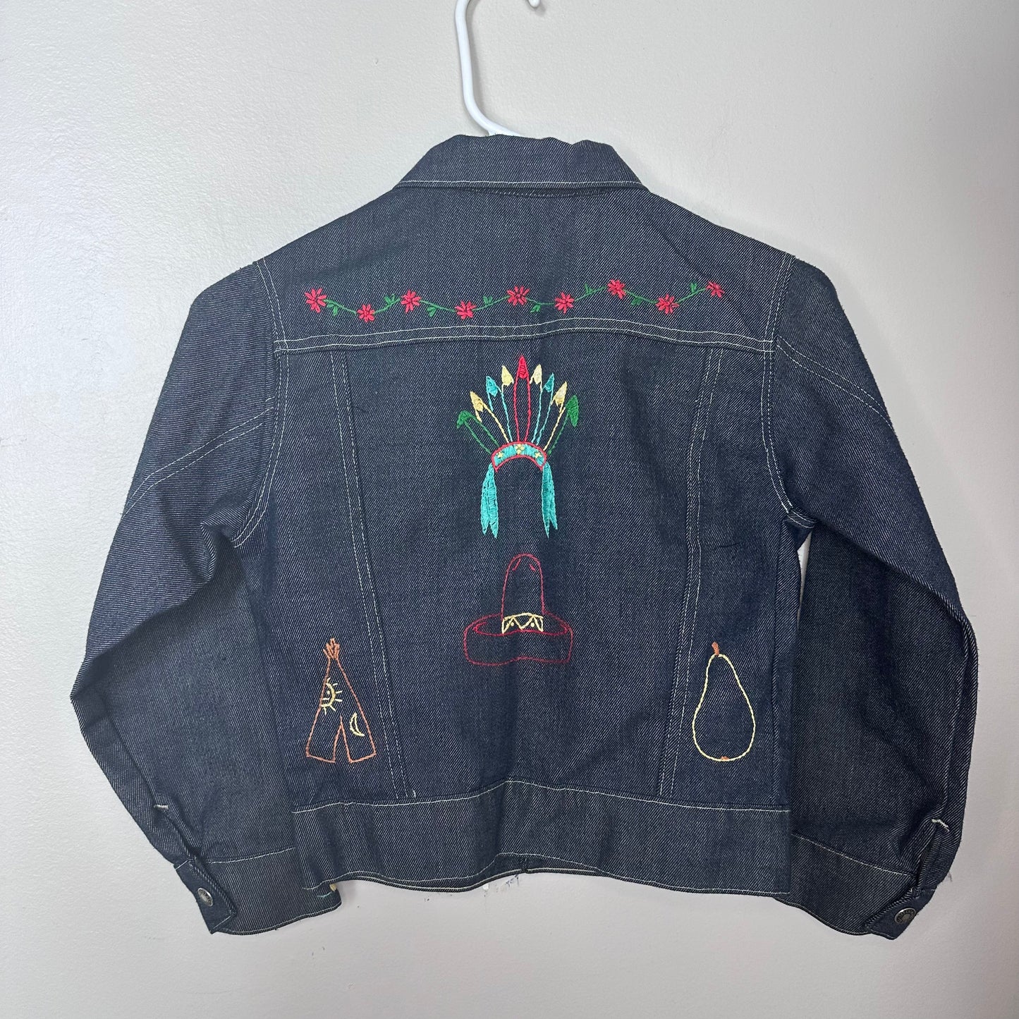 1970s Kids Blue Jean Jacket with Hand Stitched Embroidery, Toughskins Denim, Sears Boys Size 8/9