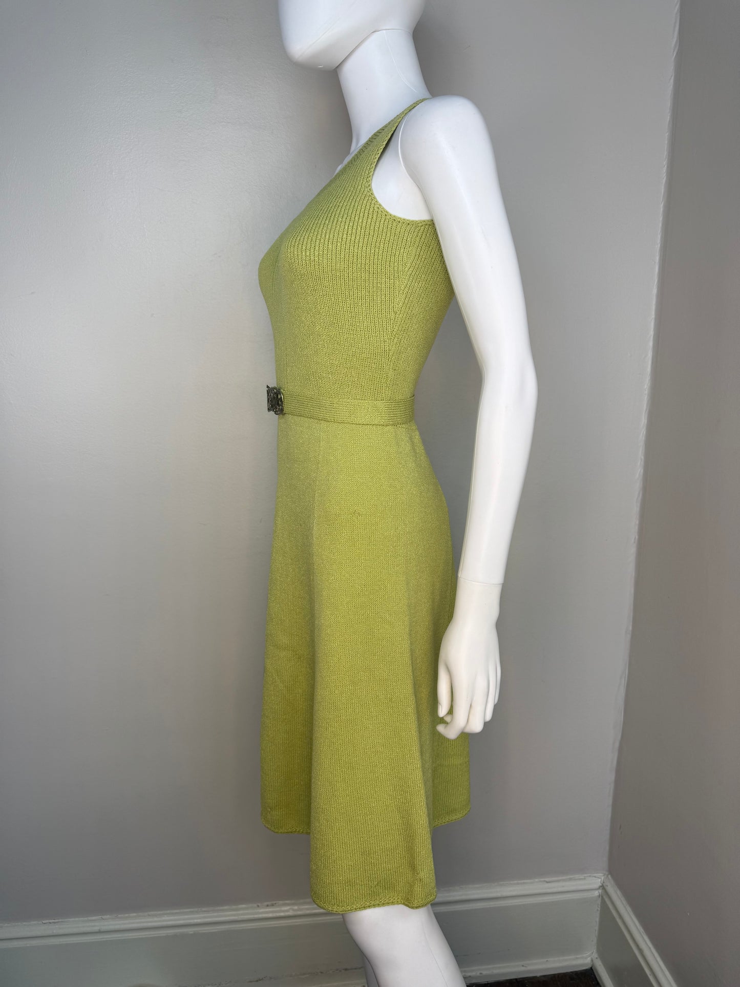 1960s/70s St John Knits Green Sleeveless Sweater Dress and Matching Short Sleeve Cardigan, Size XS-Small