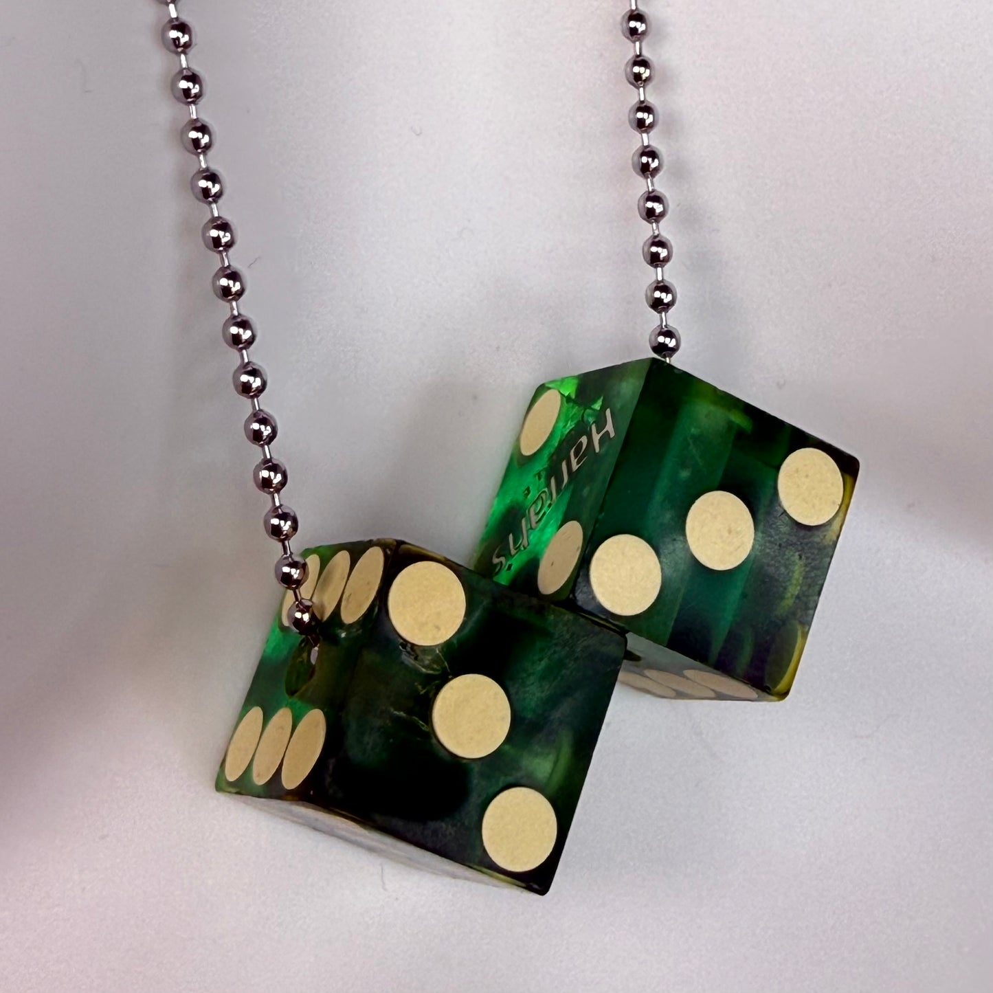 Vintage Dice Necklace, Harrah’s Joliet Casino, Translucent Green