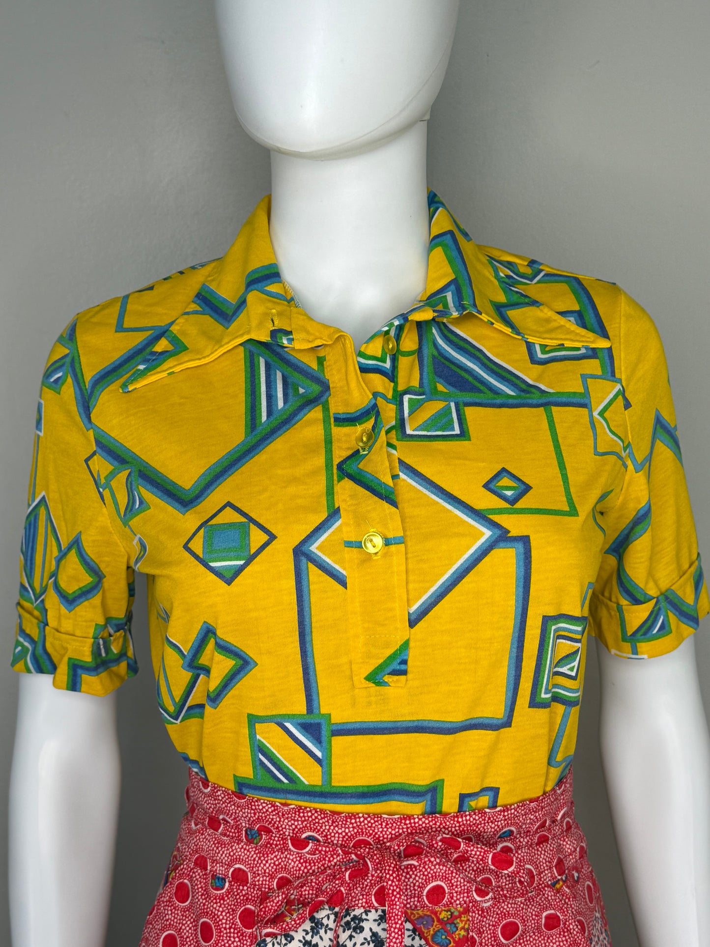 1970s Yellow Geometric Print Polo Shirt, Janstorp International Swedish Design Size Small