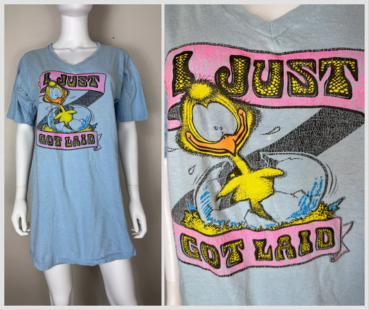 1970s I Just Got Laid Nightgown, Champion Size Large, Roach Transfer