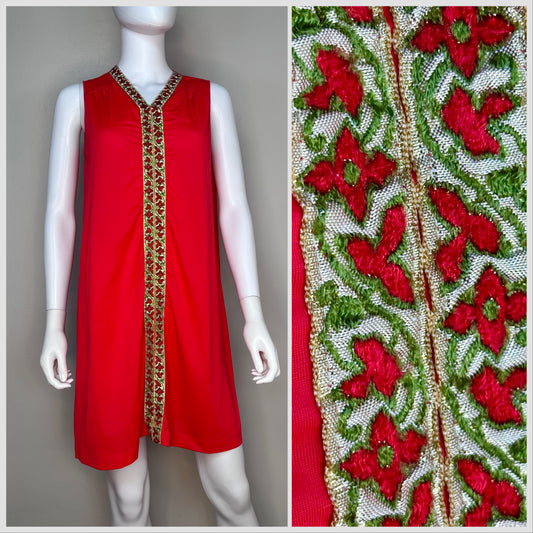 1970s Red Nightgown with Green and Red Floral Trim, Lorraine Size Small