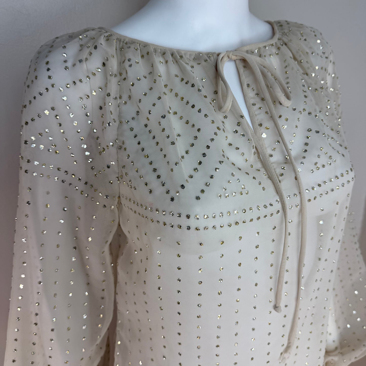 1970s Sheer Cream Blouse with Glitter Polkadots, Balloon Sleeves, Anthony Muto A.M./P.M. Size Small