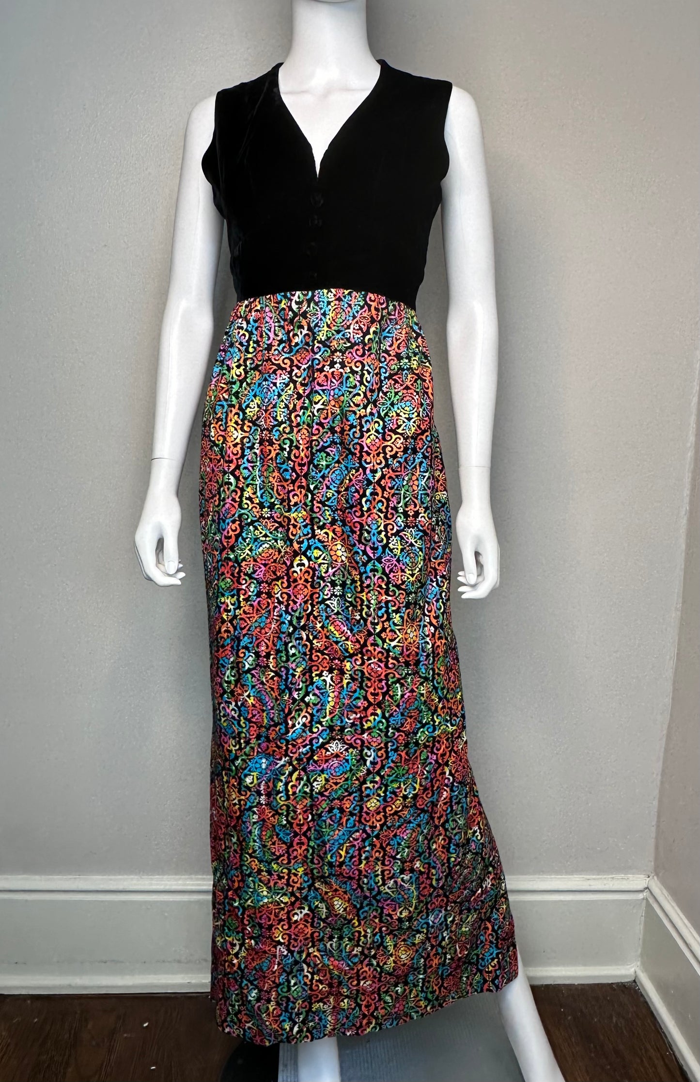 1970s Bright Psychedelic Sparkle and Black Velvet Maxi Dress Size S/M