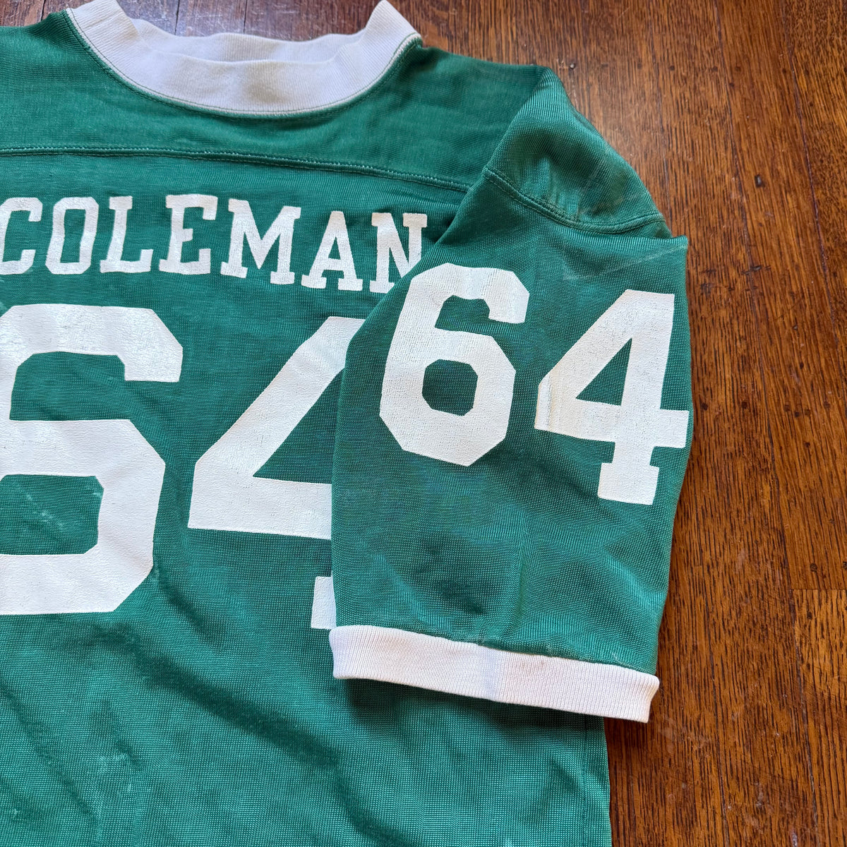 1970s Green Coleman Jersey, Champion Products Size 18, No 64, Distressed