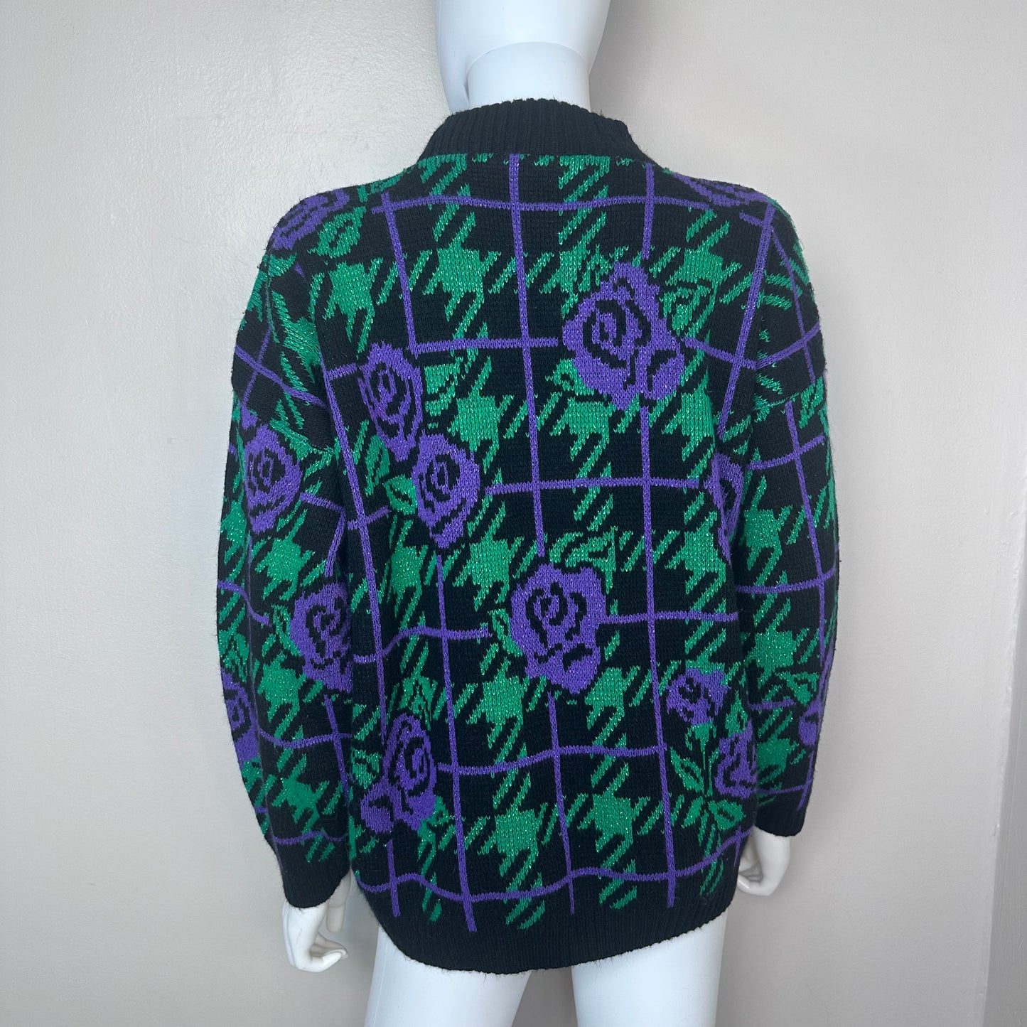 1980s Metallic Floral and Plaid Sweater, Adele Knitwear Size Medium-Large