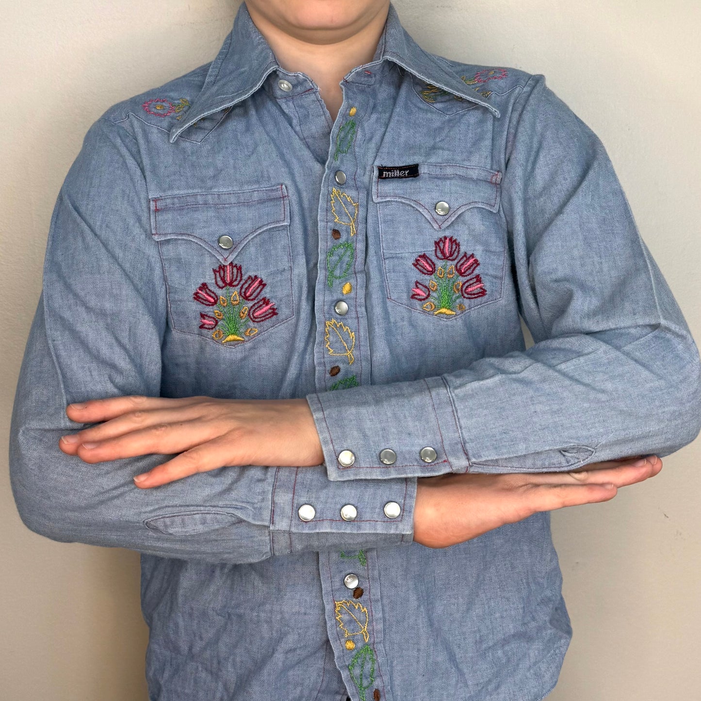 1970s Kids’ Chambray Shirt with Floral Embroidery, Miller Western Wear Size 10/12