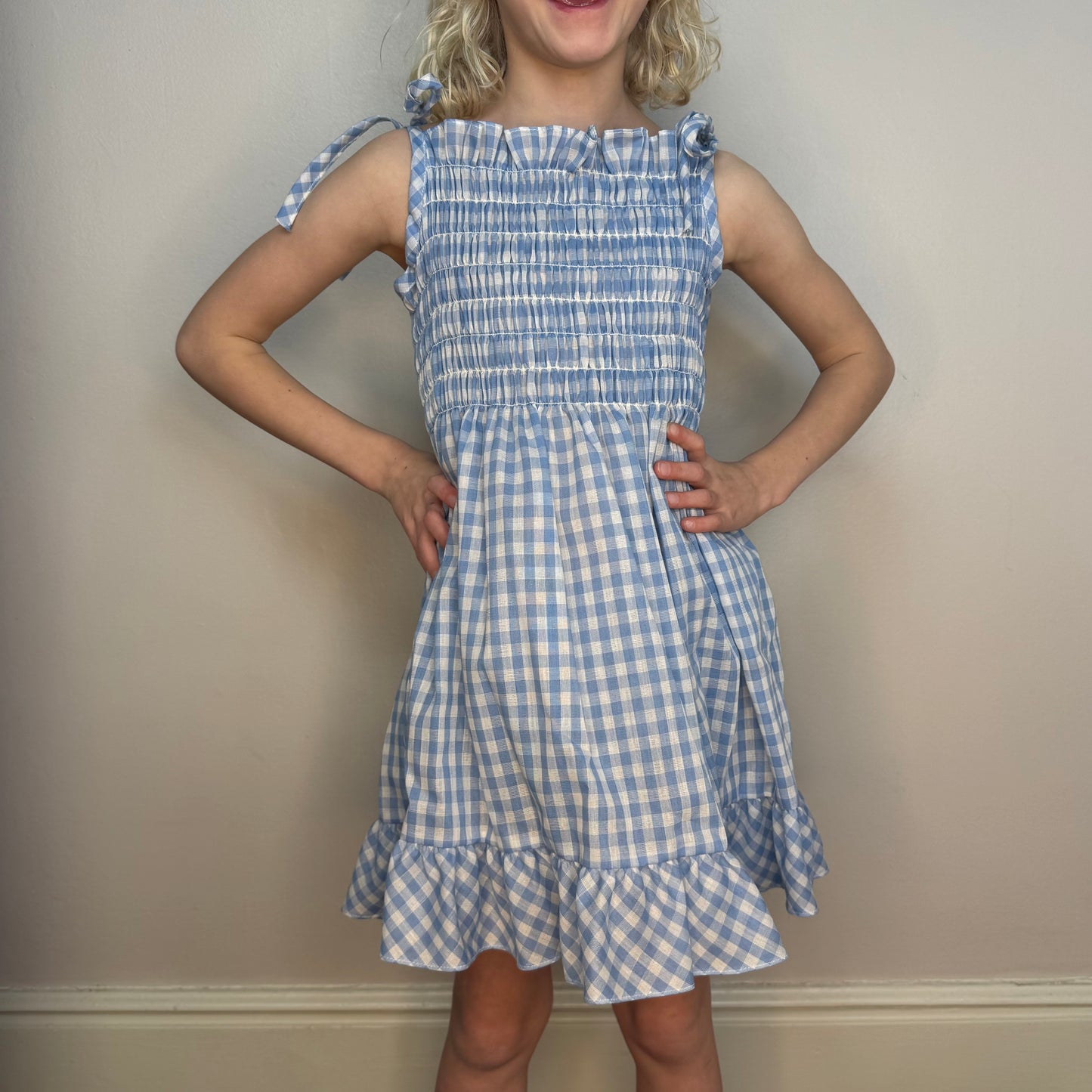 1970s Girls’ Blue Gingham Sundress with Matching Bloomers, Holiday Sportswear of Miami Size 8/10