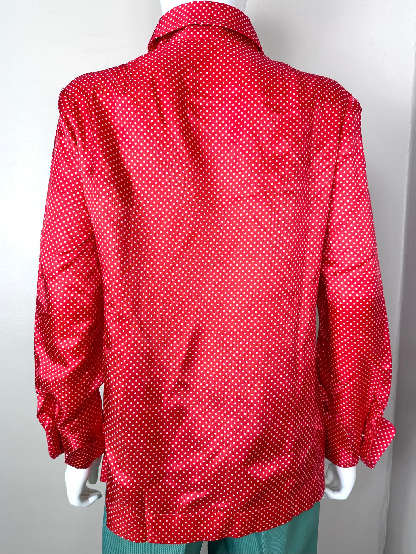 1960s Red and White Polka Dot Blouse, Size Medium, Pointed Collar, French Cuffs