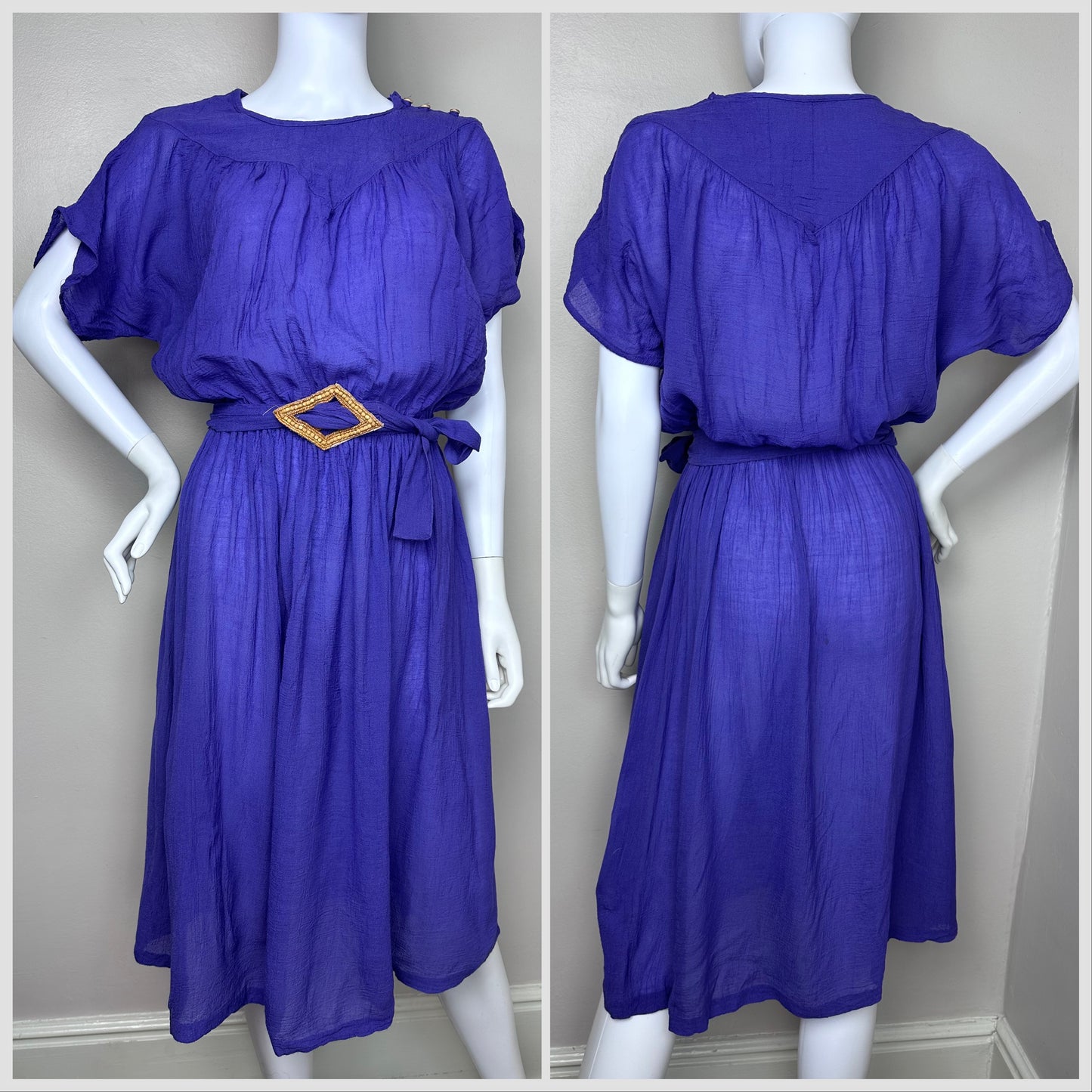 1970s Purple Gauze Midi Dress with Beaded Belt, Young Edwardian by Arpeja Size Small-Medium