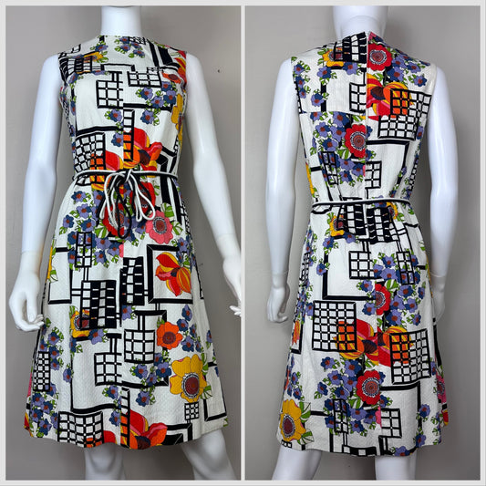 1960s Floral and Geometric Print Dress, Nancy Greer Size Small