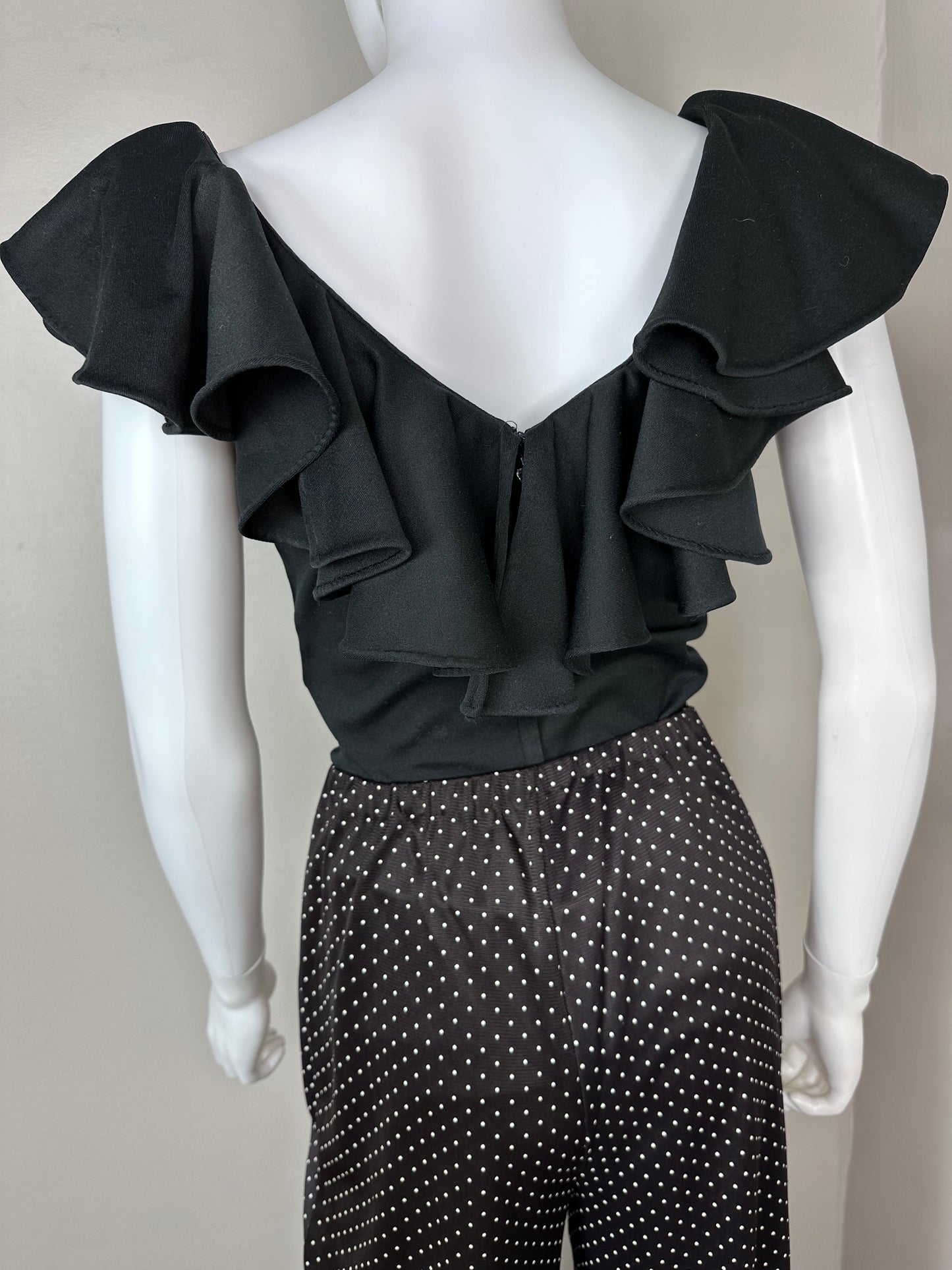 1970s Black Ruffle Neck Sleeveless Top, Size Medium