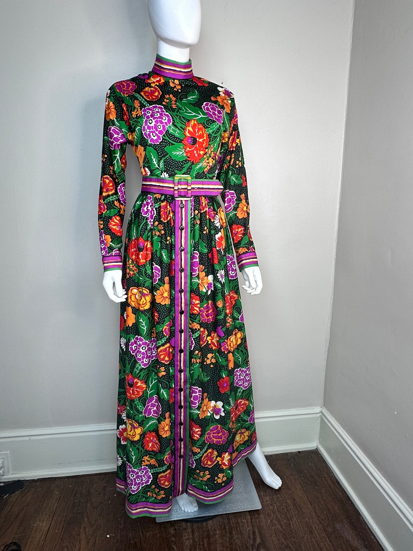 1970s Floral Long Sleeve Maxi Dress with Striped Trim, Oscar de la Renta Boutique Size Small, Gus Mayer