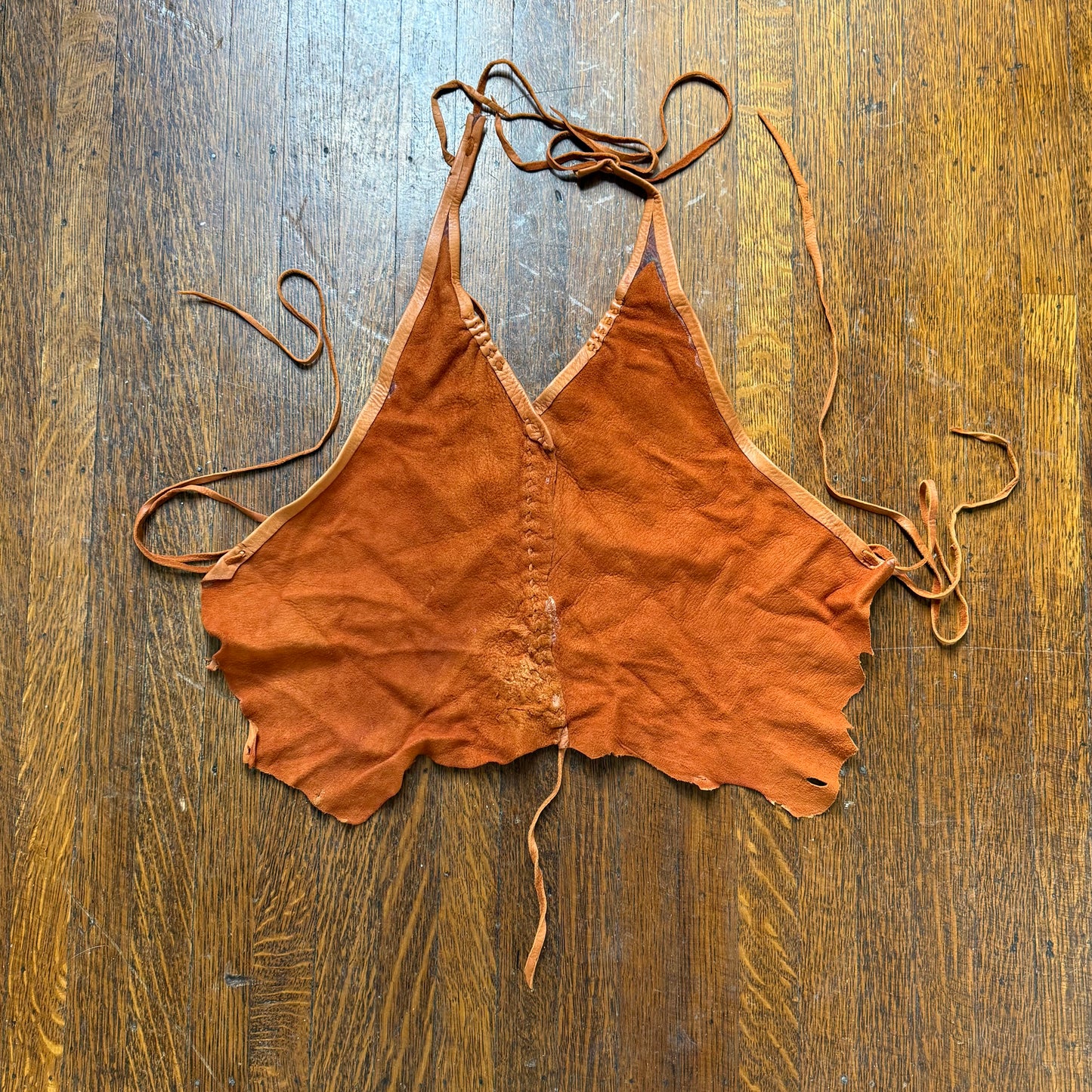 1970s Brown Leather Hide Halter Top, Cropped, Open Back, Handmade Size XS-Small