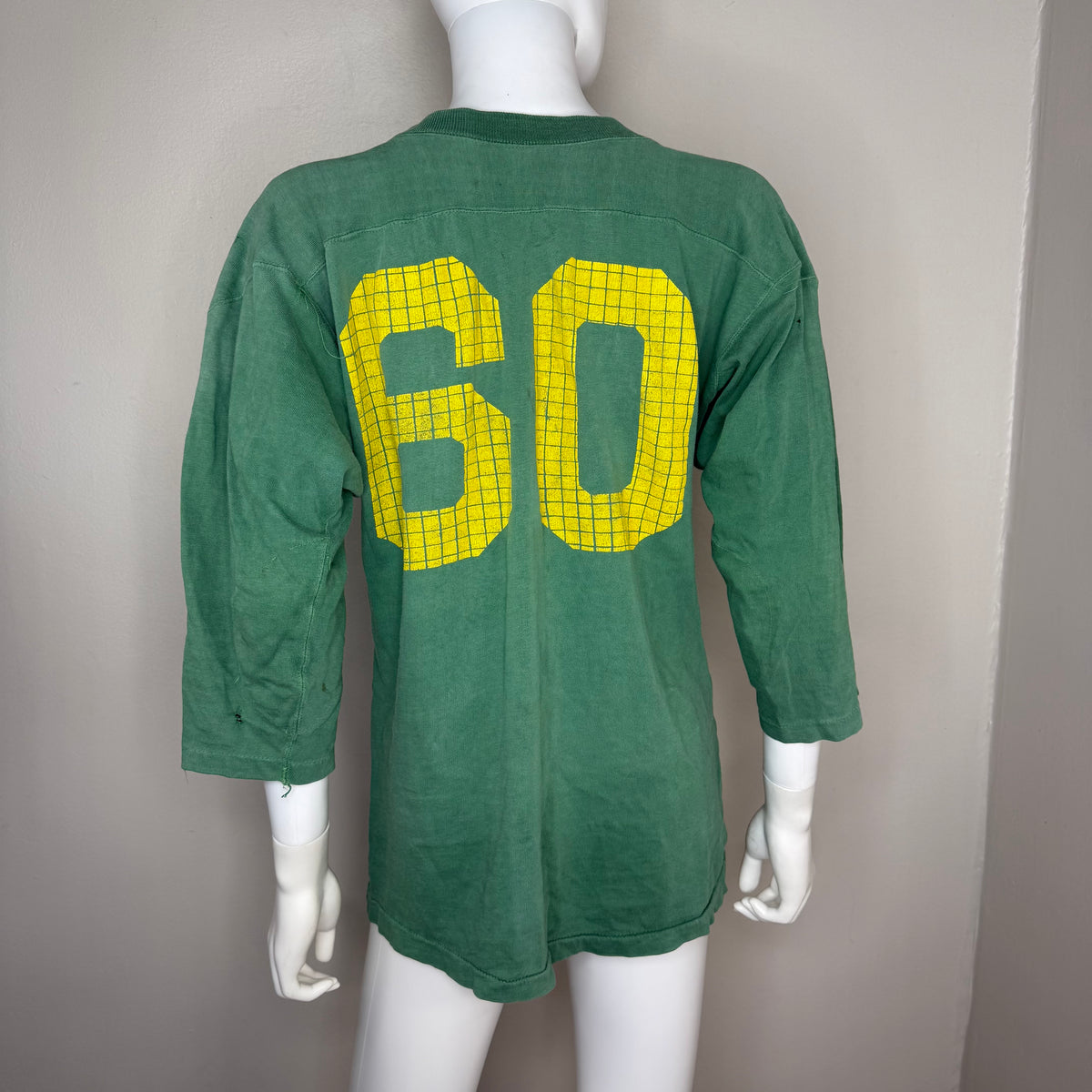 1950s Green Cotton Jersey T-Shirt, Large Yellow Grid Number 60, Champion Knitwear Size 42