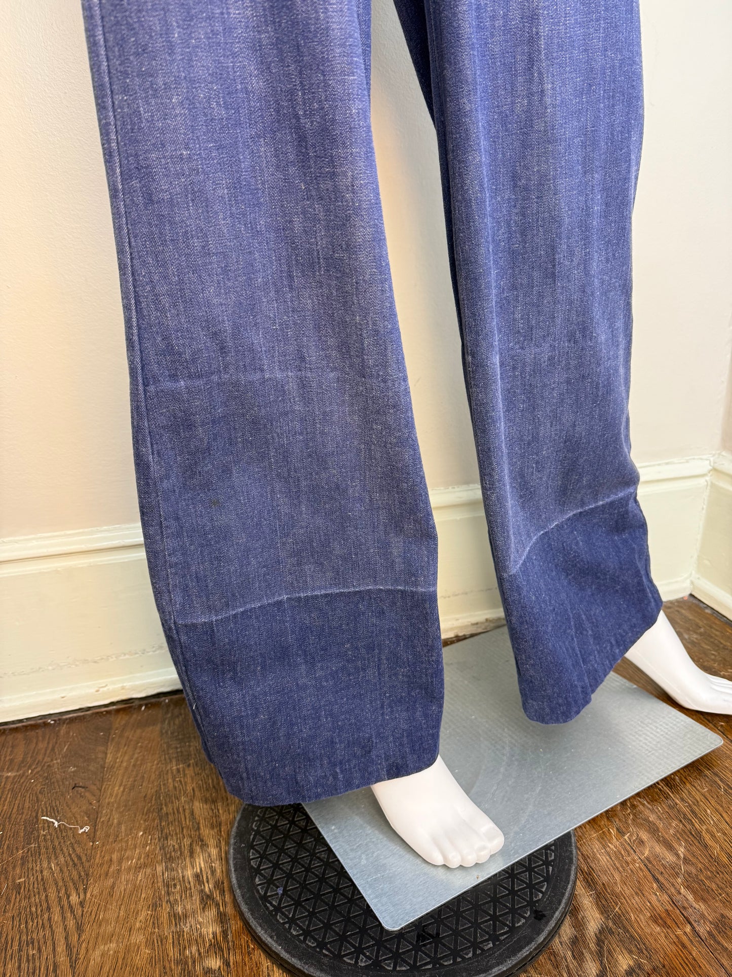 1970s Denim Zip Up Jumpsuit, Long Sleeve, Flare Leg, Sears Jr Bazaar XS/Small Tall