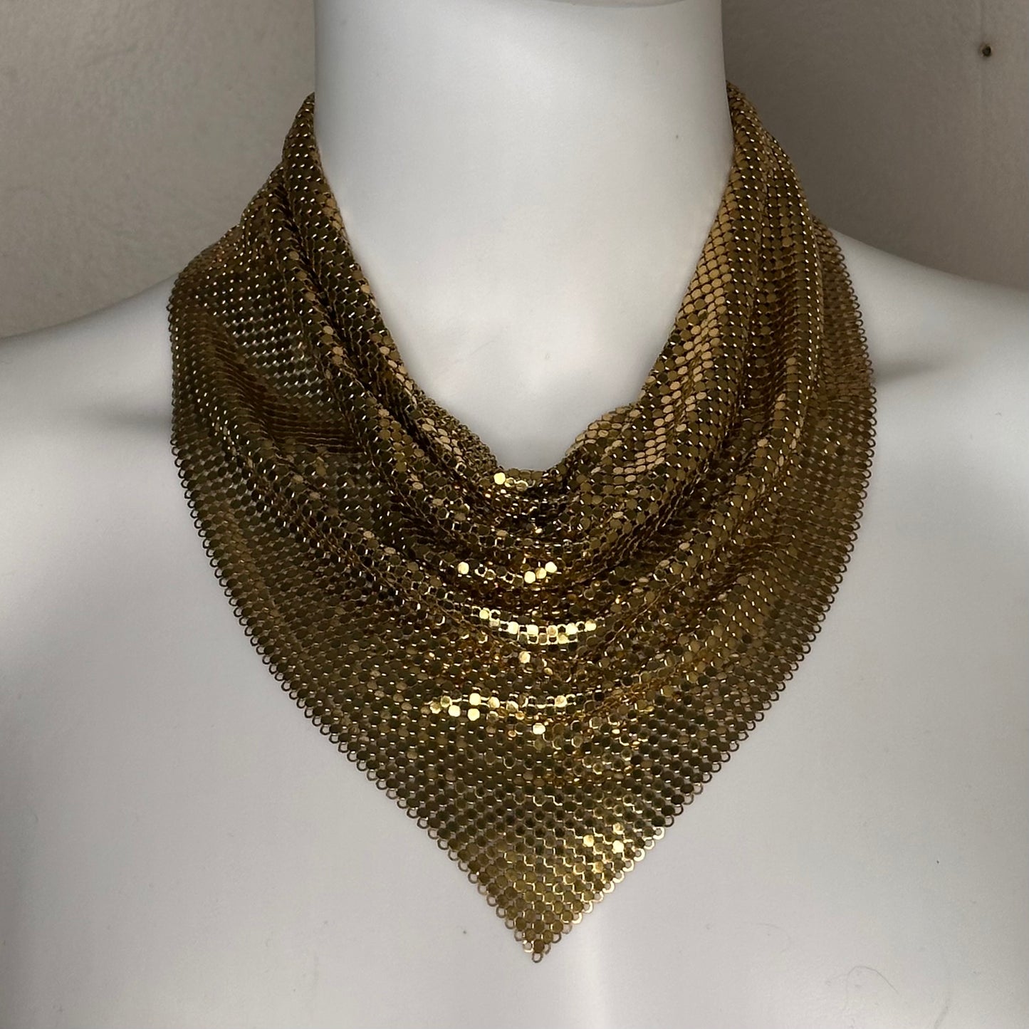 1980s Whiting and Davis Gold Tone Mesh Bib Necklace and Earrings Set