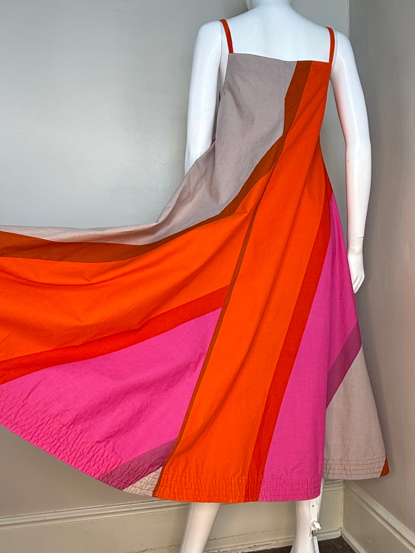 1960s Marimekko Midi Dress, Size Small, Sleeveless Sundress, Pink Orange and Grey Bold Wide Stripes, Suomi Finland, Design Research, Dated 1967