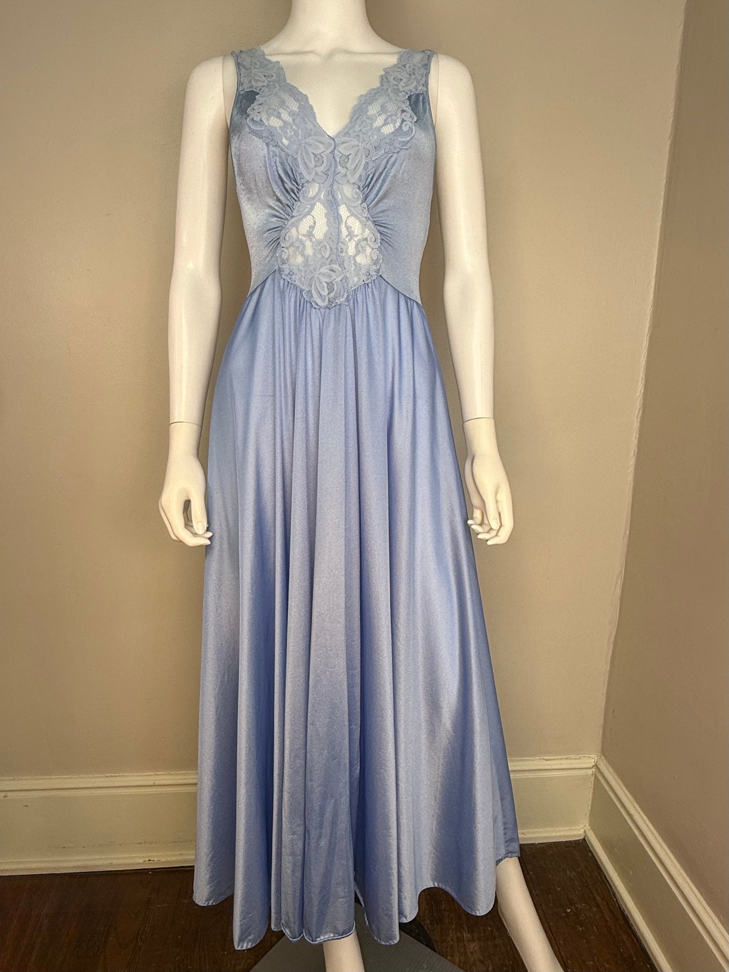1970s Blue Nightgown with Full Sweep, Lace Cut Out Bodice, Lorraine Size XS-Small