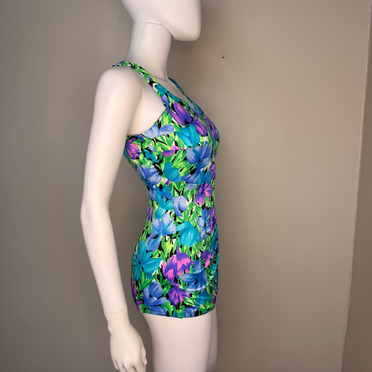 1990s Floral Swimsuit, Illusions by Catalina Size Small with D Cup, Deadstock New with Tag, 90s does 50s
