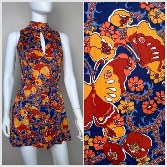 1970s Psychedelic Buttefly Print Set, Tunic and Shorts, Corky Craig California Size Small