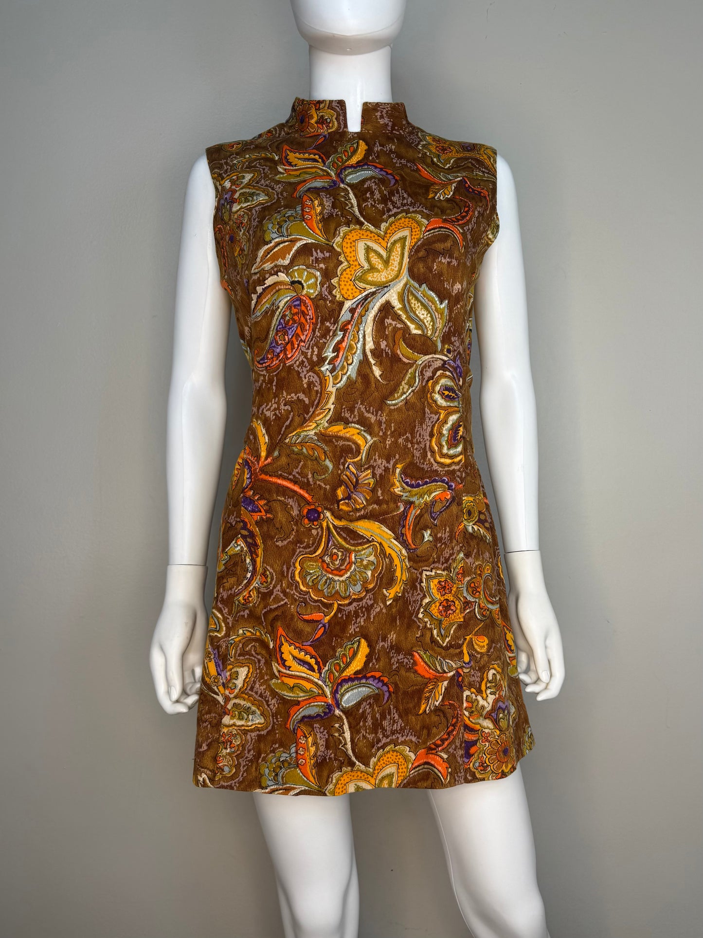 1960s Brown Paisley Cotton Barkcloth Mini Dress and Pants Set, Handmade Size Medium