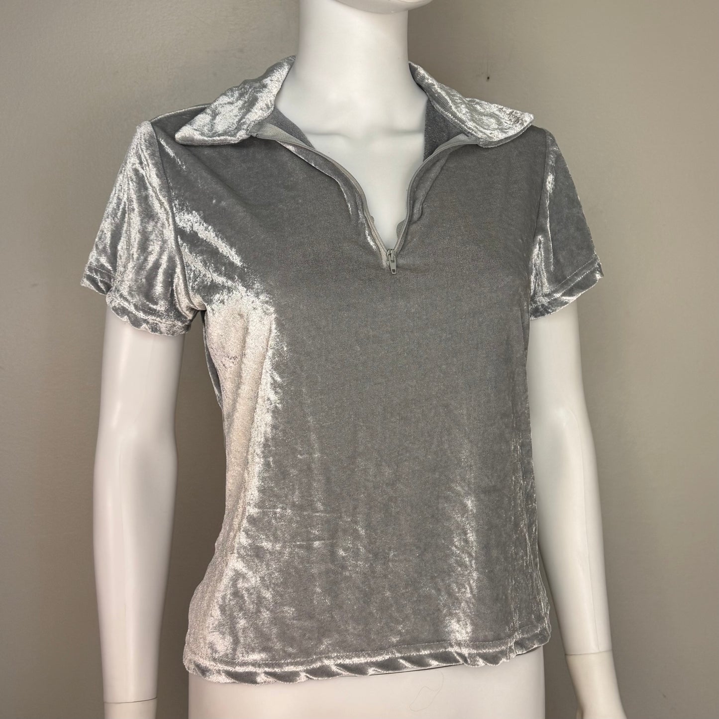 1990s/Y2K Silver Velour Top, Self Esteem Size Medium, Zip Velvet Polo Shirt