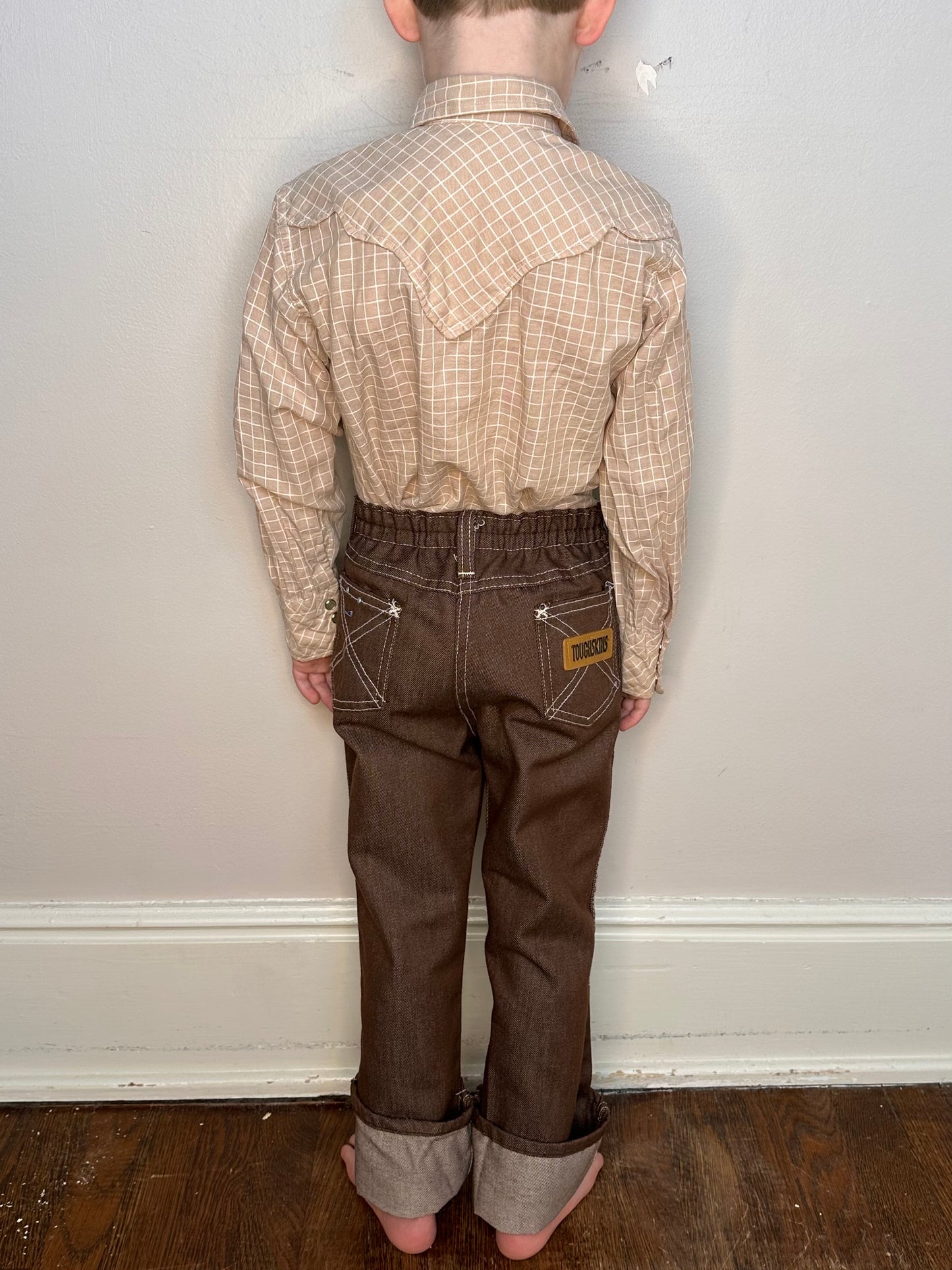 1970s Kids Tan and White Grid Western Shirt, Sand and Sage Western Wear Size 6/7, Pearl Snap