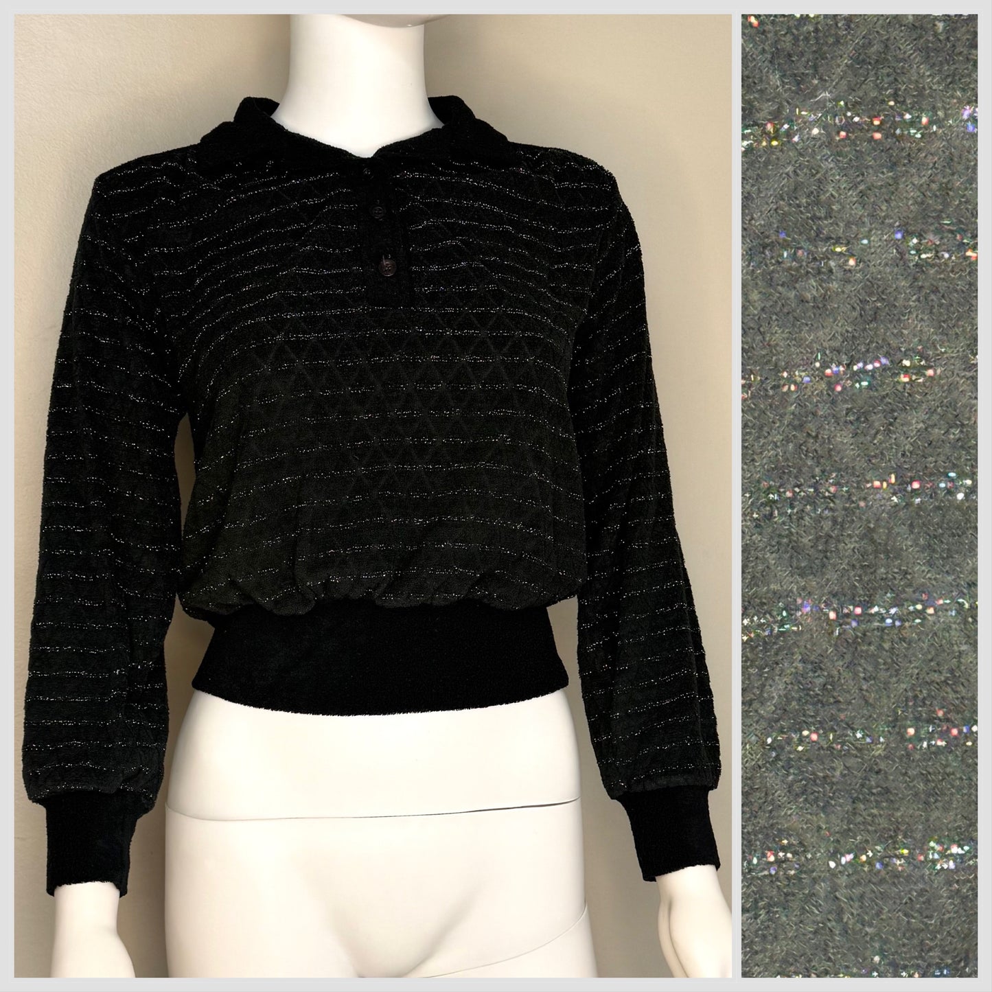1970s Black Terry Cloth Collared Sweater with Glitter Stripes, Size XS-Small