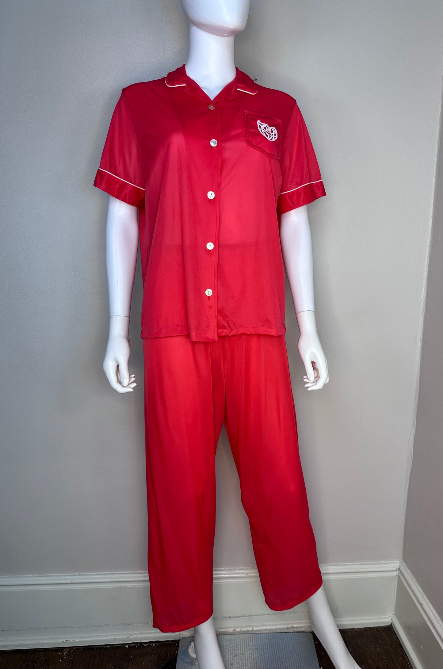 1960s Red Nylon Pajama Set, Styled by Gilbreath Size Medium, Short Sleeve Top and Pants