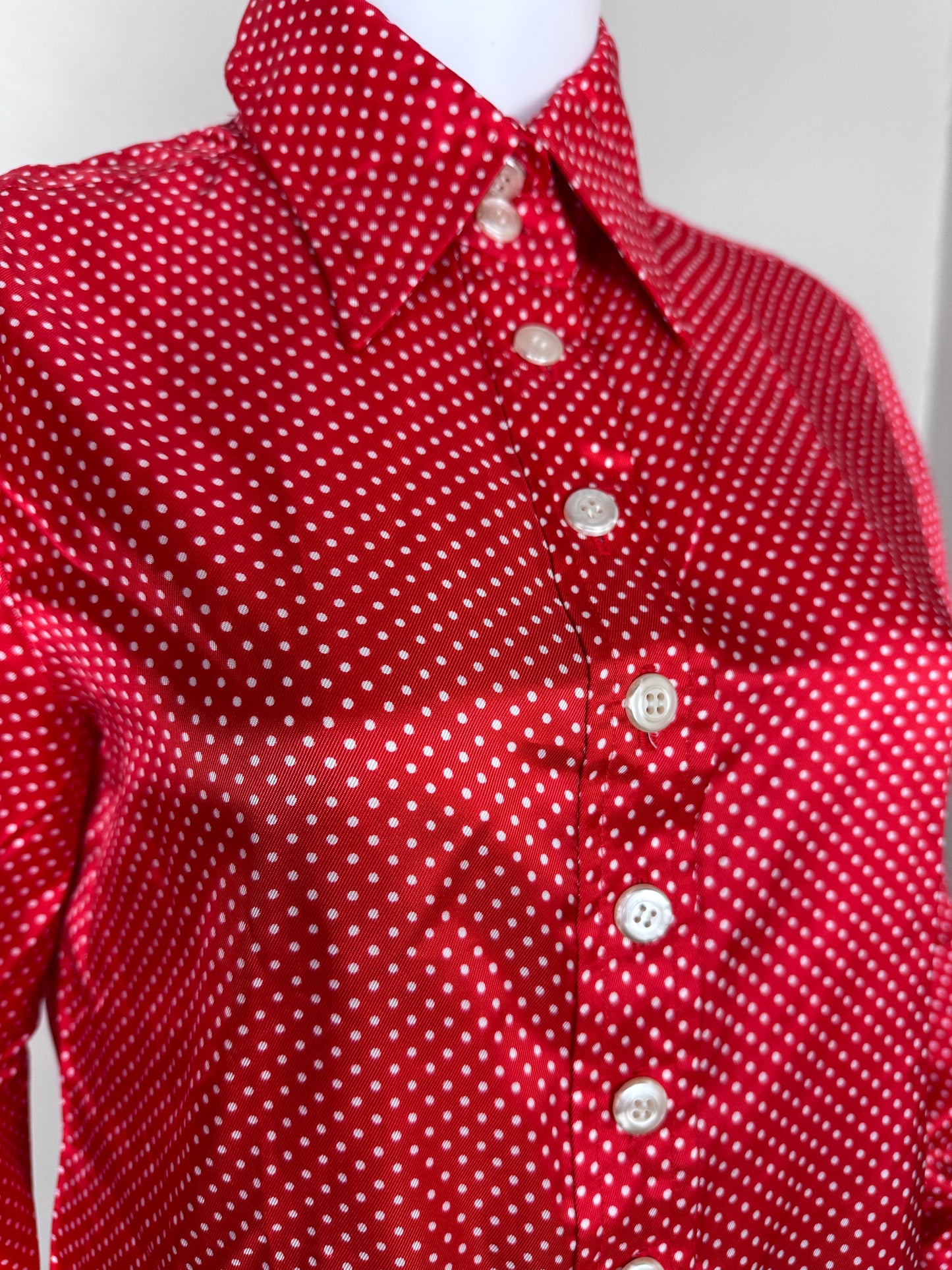 1960s Red and White Polka Dot Blouse, Size Medium, Pointed Collar, French Cuffs