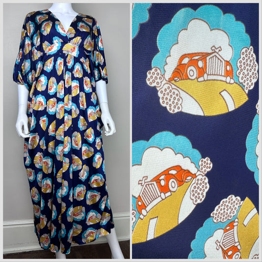 1970s Psychedelic Novelty Print Caftan, Basila, Open Sizing, Antique Car