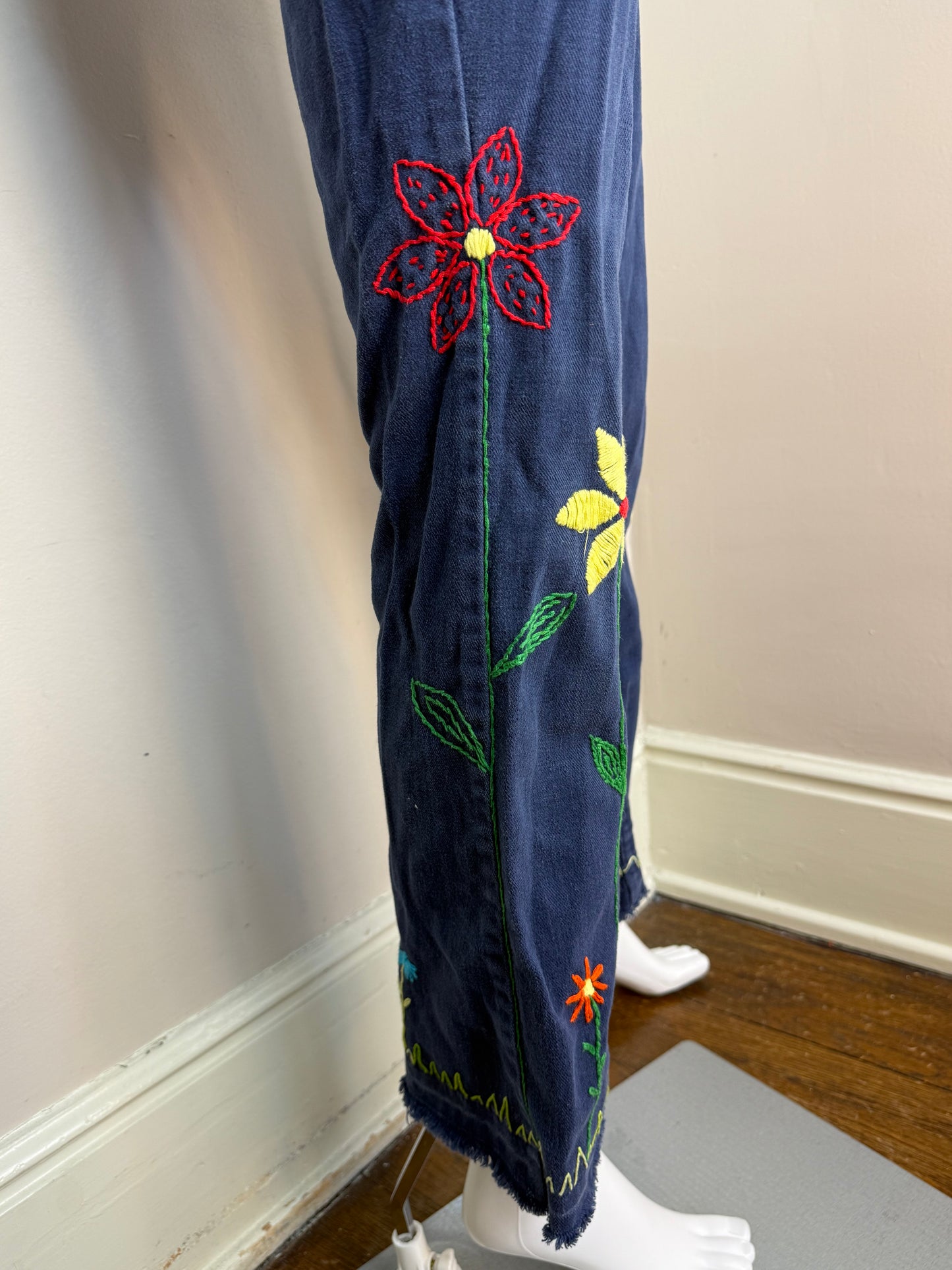 1960s Wrangler Jeans with Floral Embroidery, Low Rise, Flare Leg, Navy Brushed Denim, Hand Embroidered, 26.5"x29"