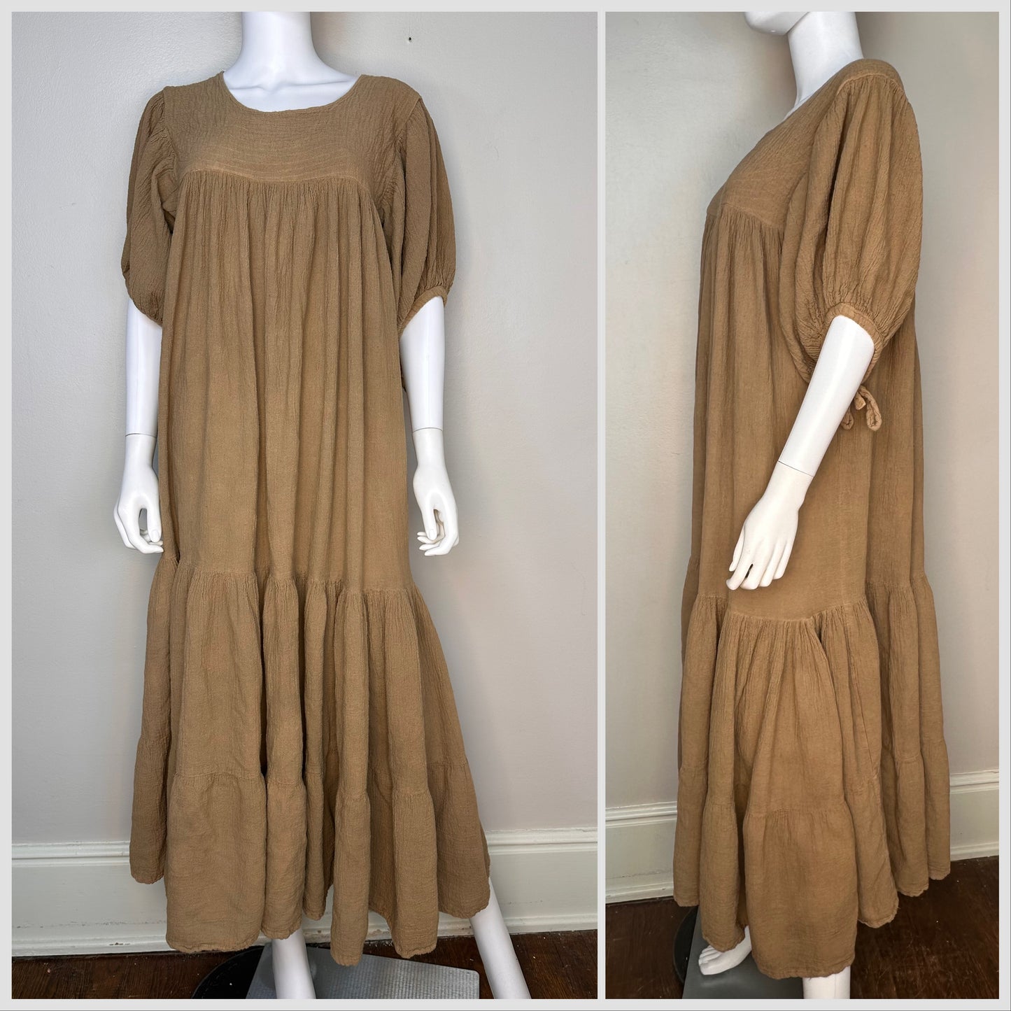 1970s Mocha Cotton Gauze Mexican Muumuu Maxi Dress, Sucesos Size Large