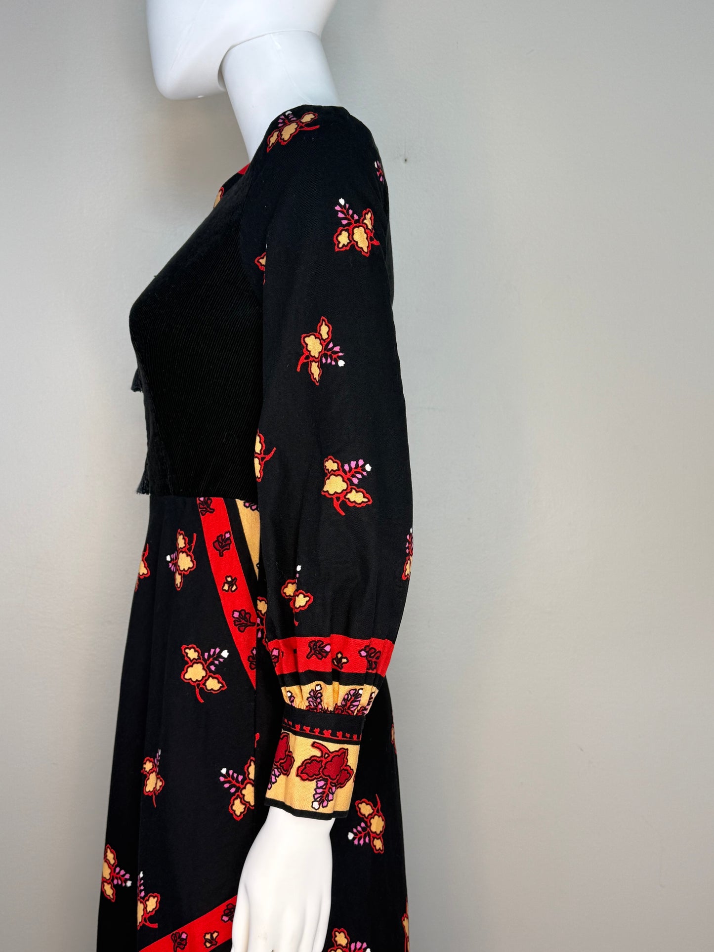 1970s Black Floral Cotton Long Sleeve Maxi Dress, Kaisu Heikkilä Oy Finland Size X-Small, Corduroy Bodice