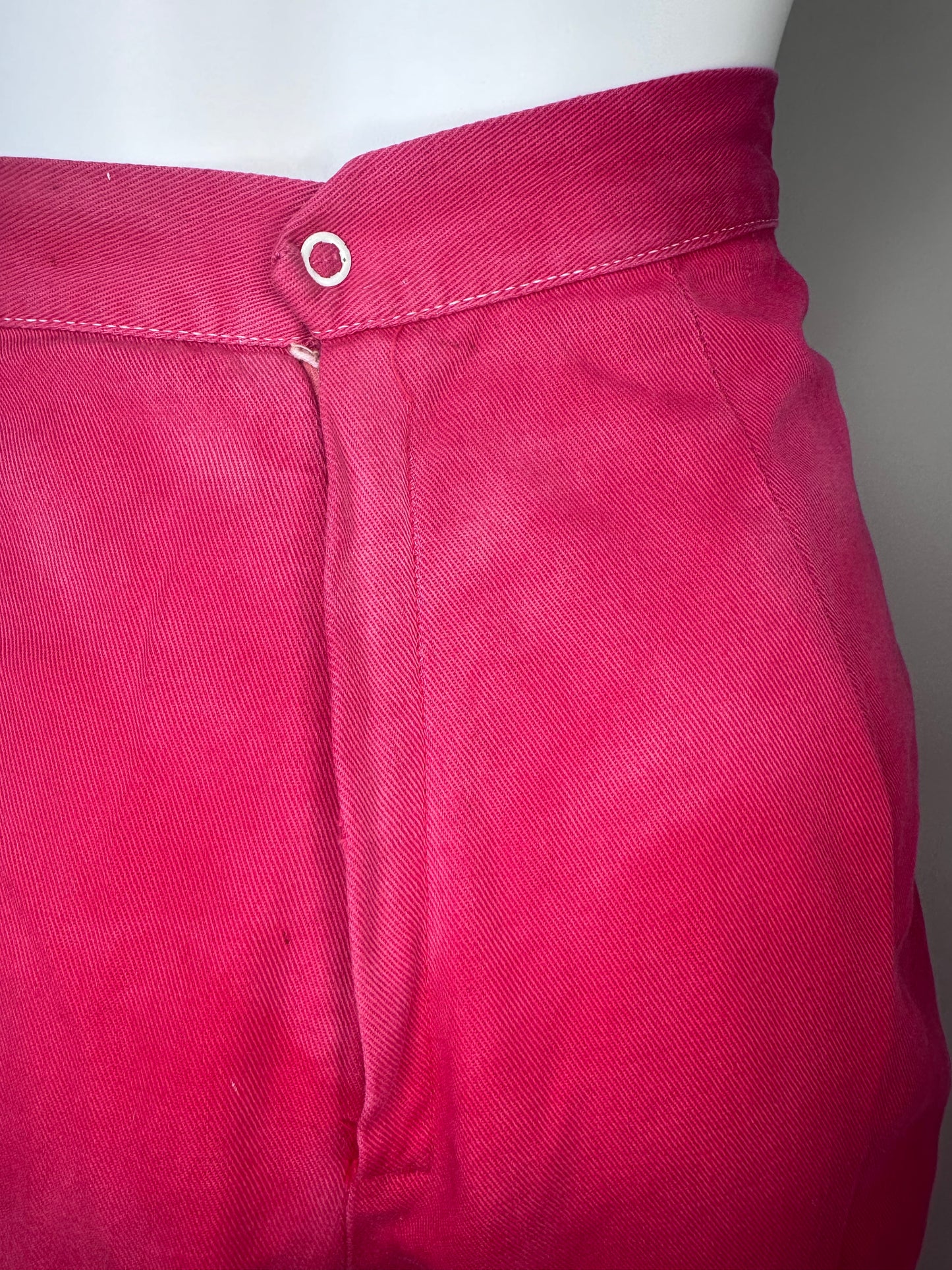 1950s Red Denim Shorts. High Waisted, Cuffed, Back Zip, Faded, Distressed